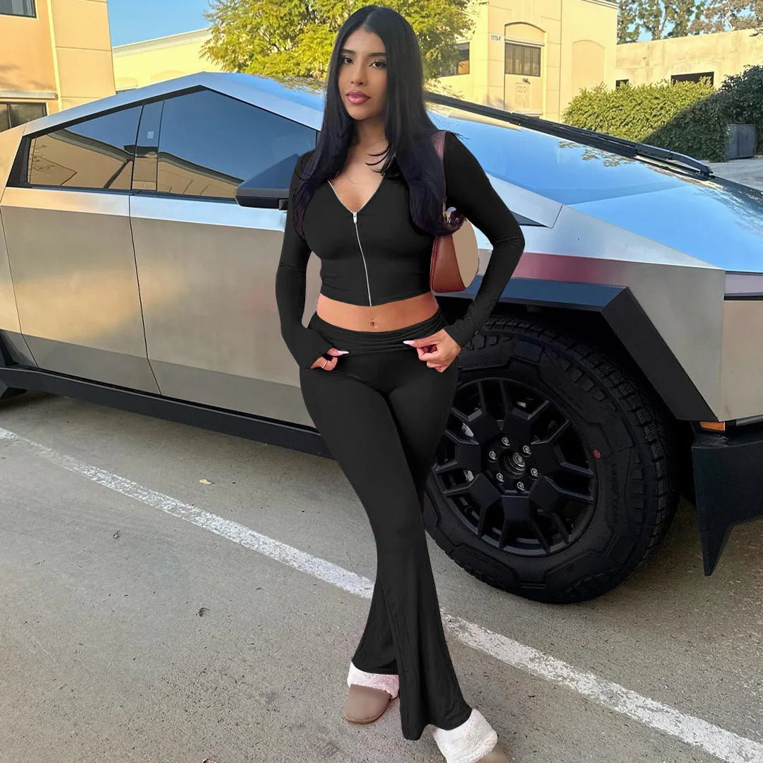 Hooded Top And Trousers Two Piece Sets Women Fashion Zipper Long Sleeve Tops And Flare Pant Female Casual Suit New