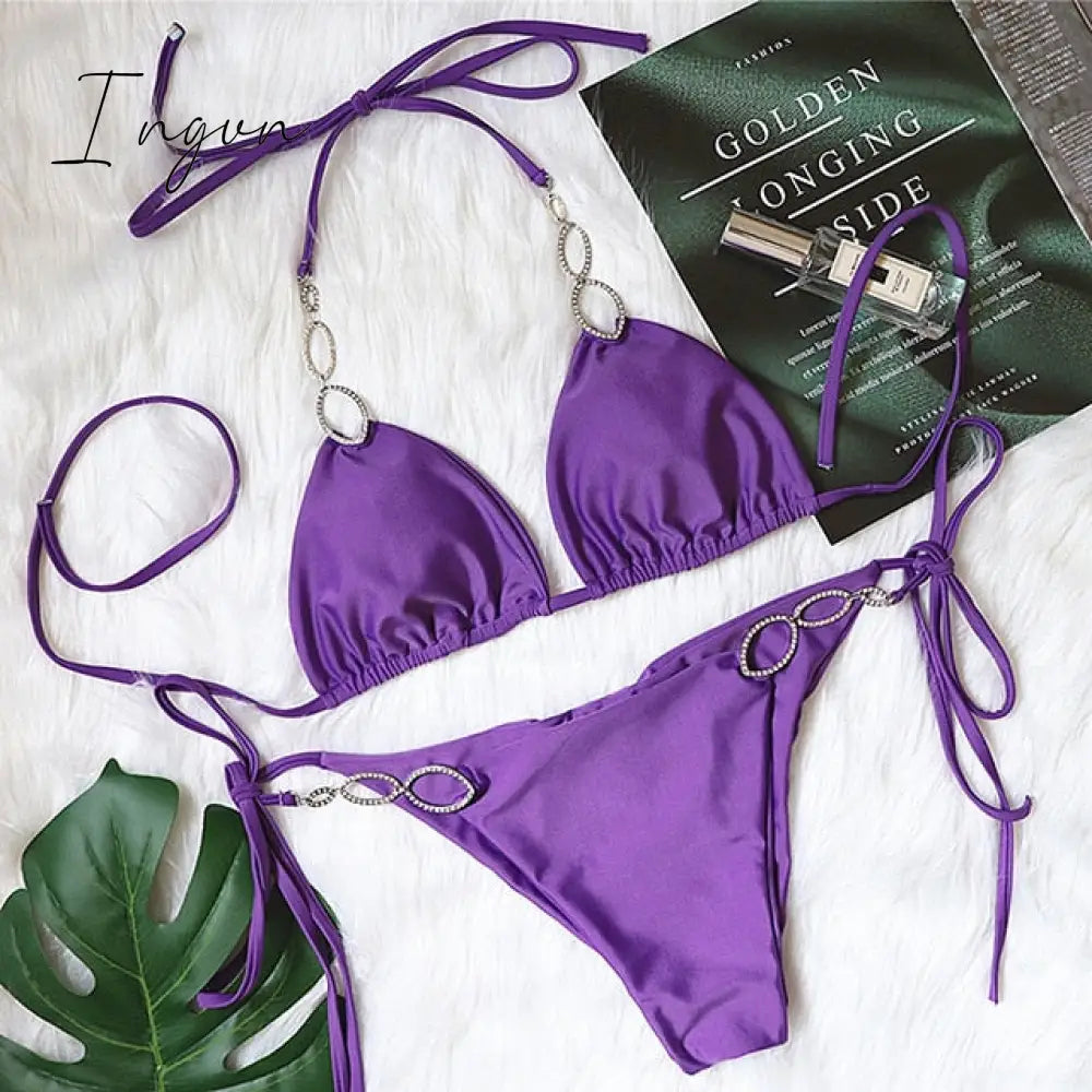 Ingvn - New Shiny Crystal Diamond Bikini Women Halter Bandage Swimsuit Female Swimwear Rhinestone Bikini set Brazilian Bathing Suit