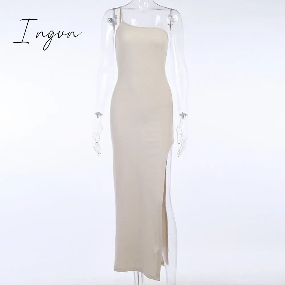 Ingvn - Summer Outfits Side Split Dress Women Sexy Sleeveless Solid Knitted Ankle-Length Party Dress Slim Elastics Off Shoulder Dress Cotton