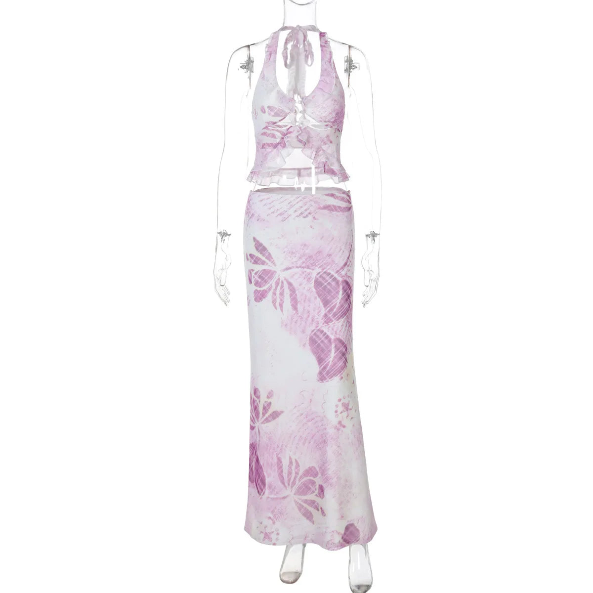 Mesh Print Sexy Skirt Two Piece Set Women Fashion Halter Tank Tops And Maxi Skirt Female Elegant Printed 2 Piece Set