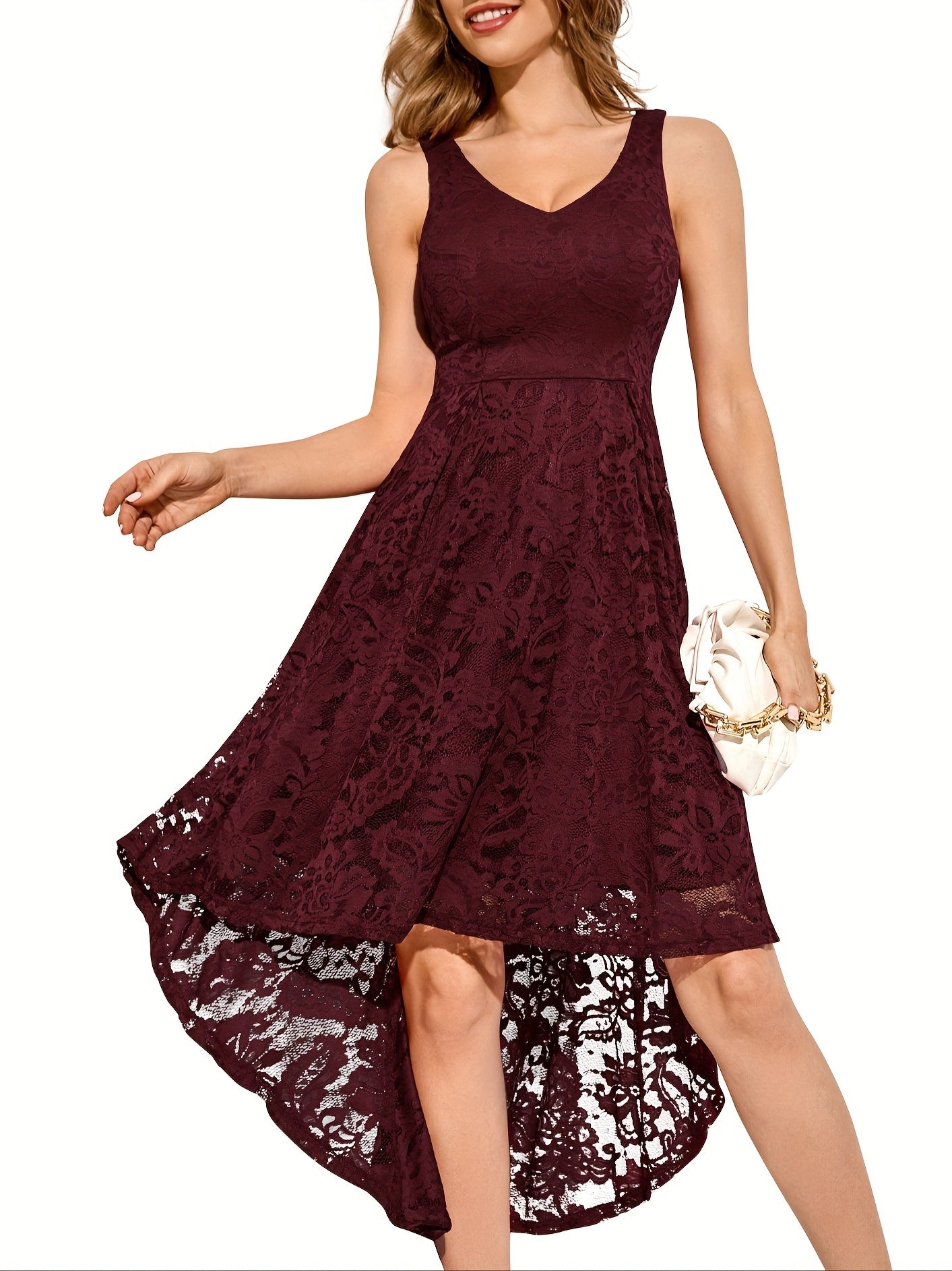 Solid Lace Asymmetrical Hem Dress, Elegant Sleeveless Aline Tank Dress For Wedding Party, Women's Clothing
