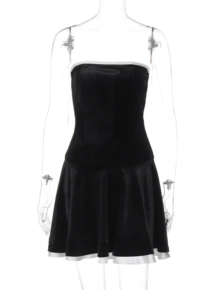 Strapless Lace Up Black Mini Dress Women Off Shoulder Sleeveless Sexy Splice Female Summer Evening Dress Elegant Outfits