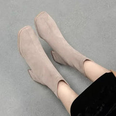 Square Toe Suede Short Boots Women's Autumn Winter Elastic Thick Heel Back Zip Ankle Boots Fashion Gray Black Botas De Mujer