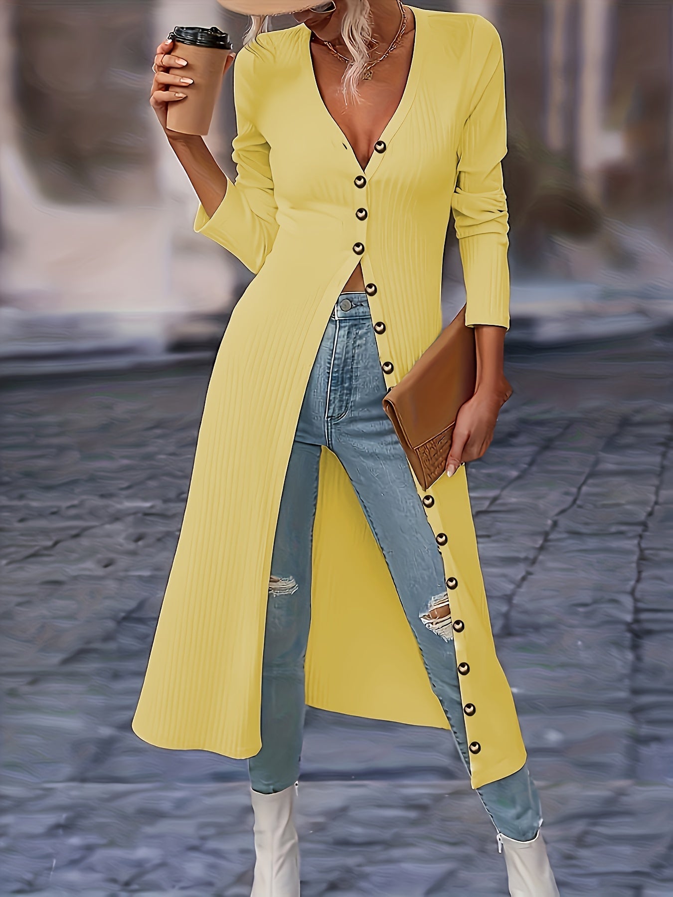 Womens Chic Solid Knit Cardigan - Soft Button Down, Long Sleeve, Slim Fit, Long Length - Perfect for Layering, Elegant Casual Wear