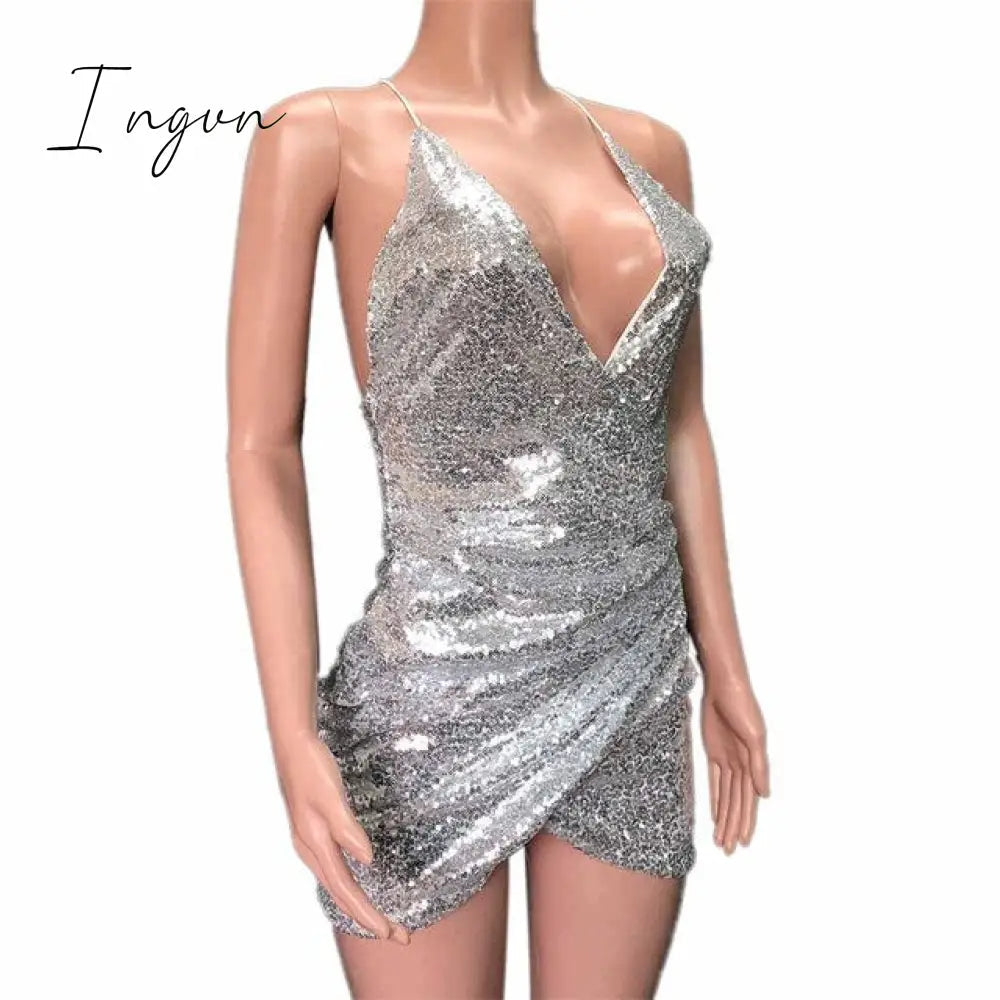 Ingvn - Sexy Women Sequins Glitter Sparkle Deep V Neck Halter Backless Bodycon Short Mini Dress Evening Party Wrap Hip Package Dress
