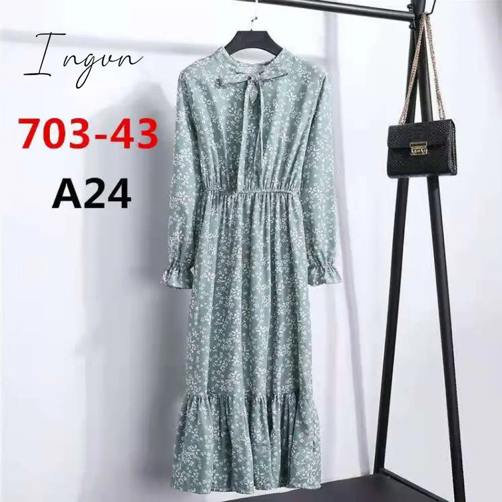 Ingvn - 11 Style Beautiful Fashion Summer Women Long Sleeve Dress Retro Collar Casual High Waist Dresses Floral Print Chiffon Clothing