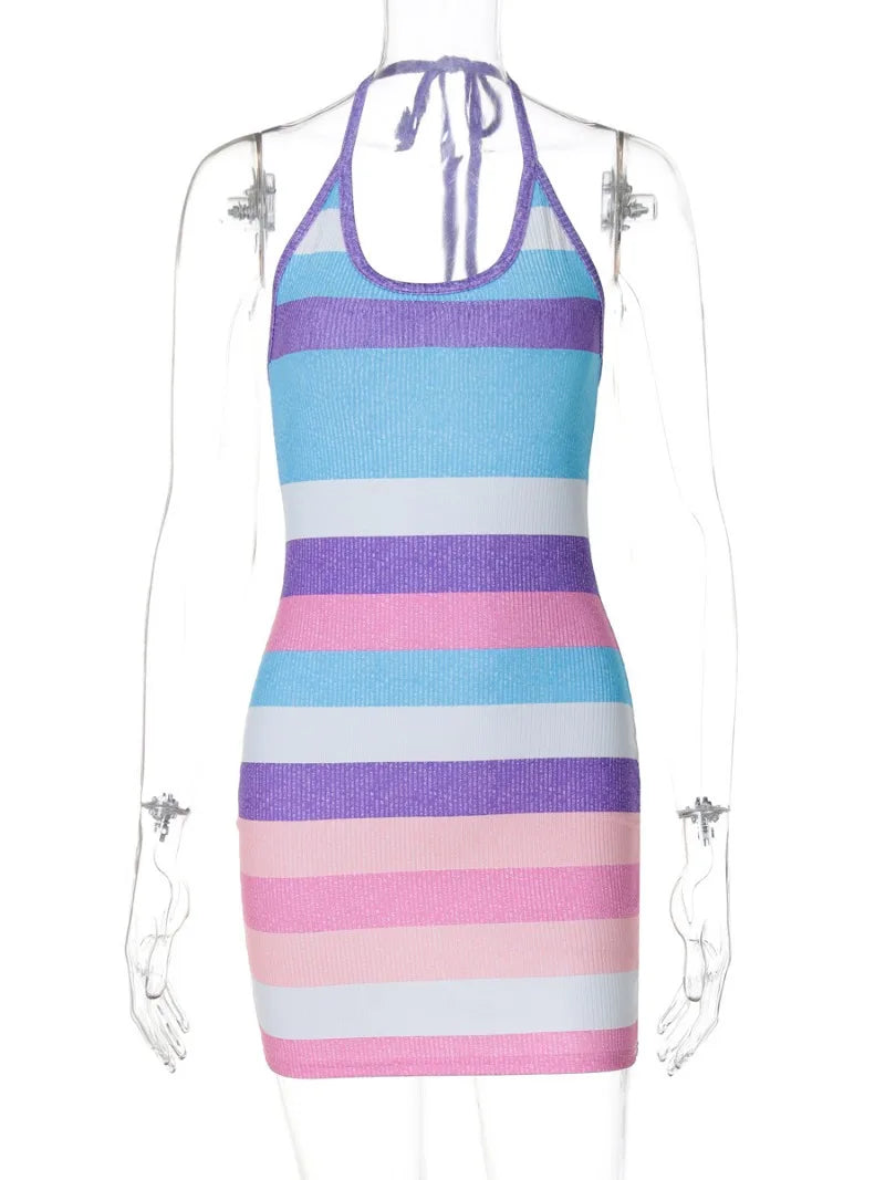 Ingvn  Fashion Sexy Halter Neck Lace-up Striped Beach Dress  Woman Clothes Off Shoulder Backless Bodycon Mini Party Club Dresses