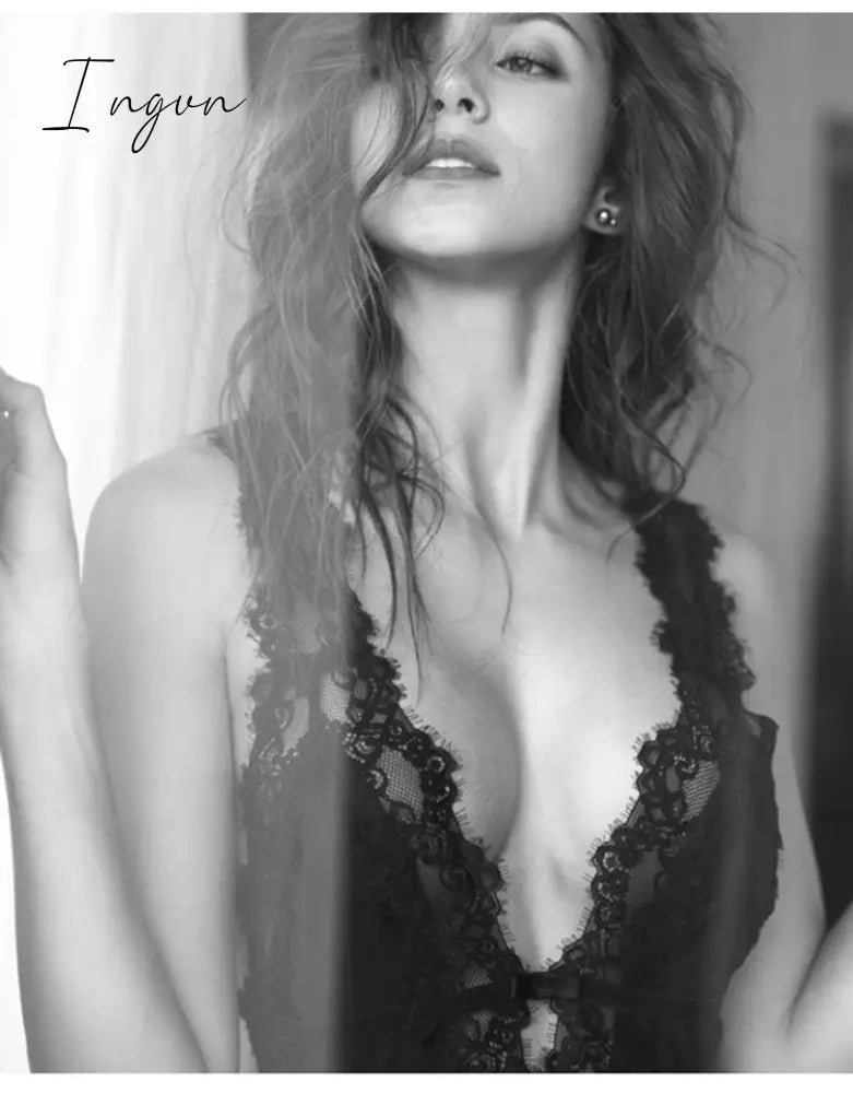 Ingvn - New Summer Womens Sleepwear V-Neck Sexy Nightdress Casual Nightgown Comfortable Lace Pajama Solid Color Bifurcation Nightwear