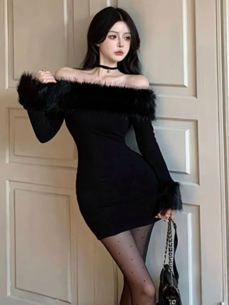 Y2K Sexy Christmas Mini Dress for Women Off Shoulder Slash Neck Patchwork Bodycon Party Dresses Winter Sweet Prom Vestidos Robe