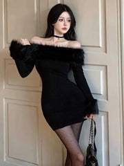 Y2K Sexy Christmas Mini Dress for Women Off Shoulder Slash Neck Patchwork Bodycon Party Dresses Winter Sweet Prom Vestidos Robe