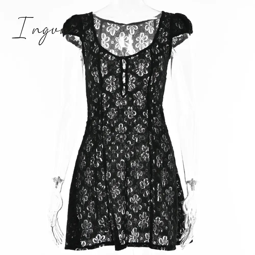 Ingvn - Square Collar Black Mini Dresses 2023 Summer Sexy High Waist Short Sleeve Beachwear Bodycon Hollow Out Sundress Female Ingvn