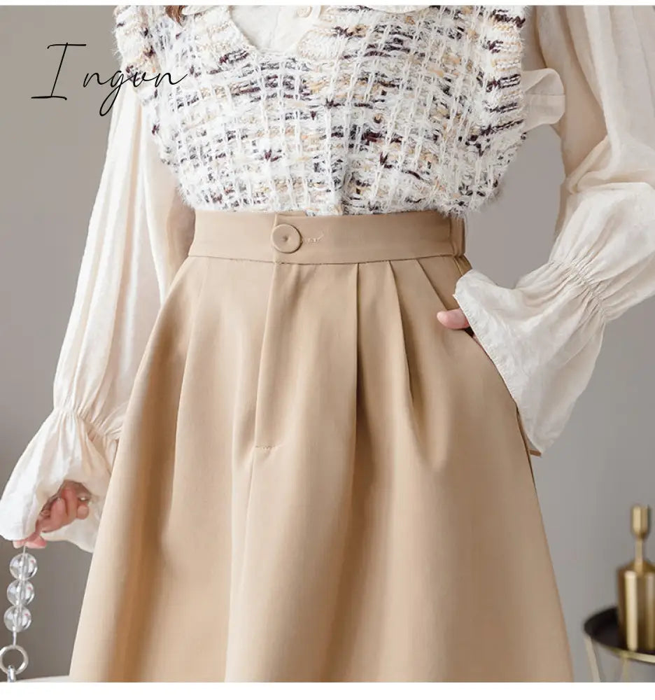 Ingvn - New Spring Summer High Waist Midi Skirt Women Casual Pocket Solid Color Loose A-Line Umbrella Skirt Female Petticoat