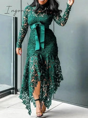 Ingvn - Slim Sexy Dress Women Spaghetti Straps Lace Mesh Perspective Party Fishtail Patchwork Midi Bodycon Plus Size Vestidos