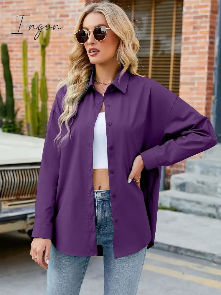 Ingvn - Women's Cotton Shirt Blouse Women 2023 Elegant Spring Candy Colors Basic Top Turn-down Collar Long Sleeve Solid Button Blouses