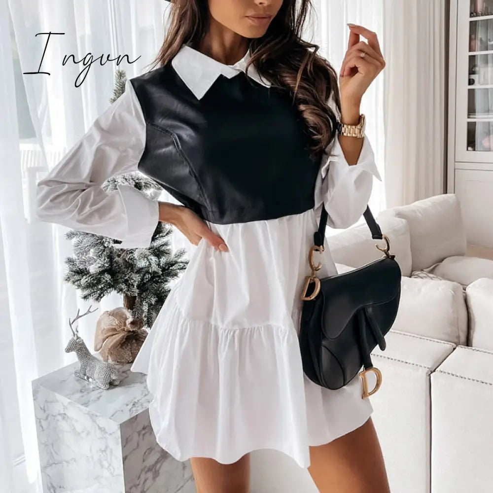 Ingvn - Sexy Stand Collar Print Zipper Long Sleeves Mini Dress Casual Autumn Winter Fashion Pocket Pu Leather Dress Elegant Slim Dresses