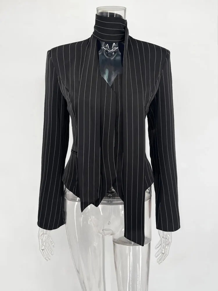 Elegant Female Striped Suit Coat For Women Scarf Lace-Up Patchwork V-Neck Long Sleeve Luxury Outwear Female Jackets Coat