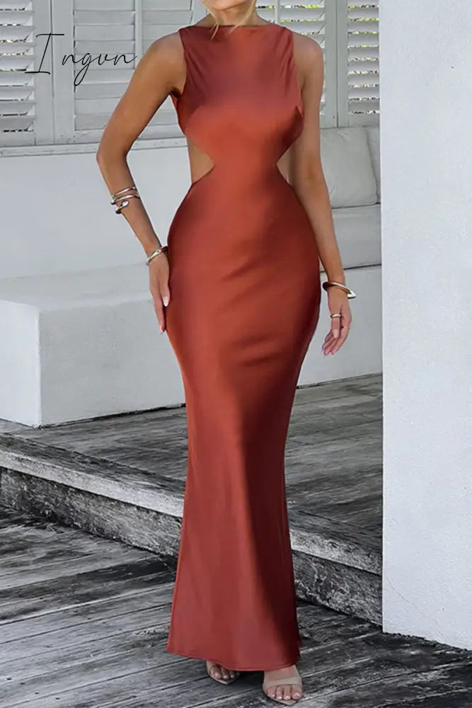 Ingvn - Sexy Celebrities Solid Backless O Neck Wrapped Skirt Dresses