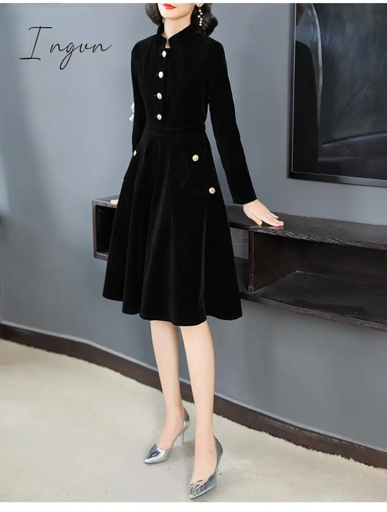 Ingvn - New Autumn And Winter Women European And American Hepburn Style Dress Black Thin Retro Velvet Collar