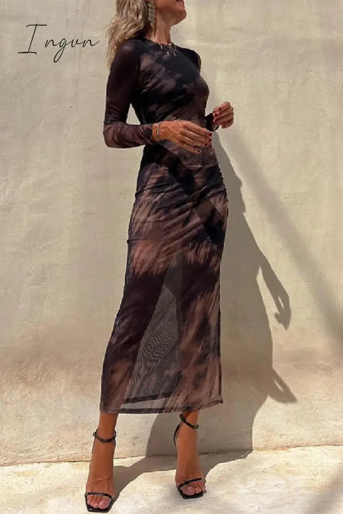 Ingvn - Casual Vintage Gradual Change Print See-through O Neck Long Sleeve Dresses