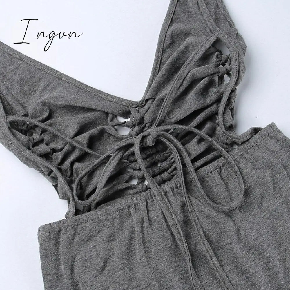 Ingvn - Dark Gray Hollow Out Mini Dress Sexy Drawstring Bandage Backless Summer Dresses for Women 2023 Birthday Party Clubwear