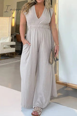 Ingvn - Casual Simplicity Solid Pocket V Neck Loose Jumpsuits