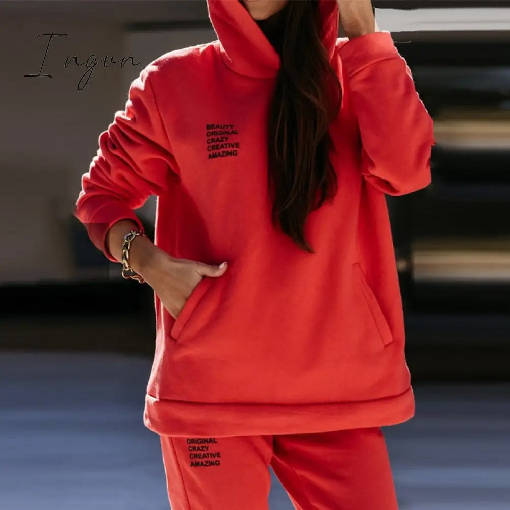 Ingvn - Women Fleece Letter Print Two Piece Set Casual Long Sleeve Hoodie Sweatshirts And Jogging Pants Suits Loose Female Tracksuits
