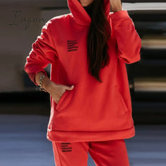 Ingvn - Women Fleece Letter Print Two Piece Set Casual Long Sleeve Hoodie Sweatshirts And Jogging Pants Suits Loose Female Tracksuits