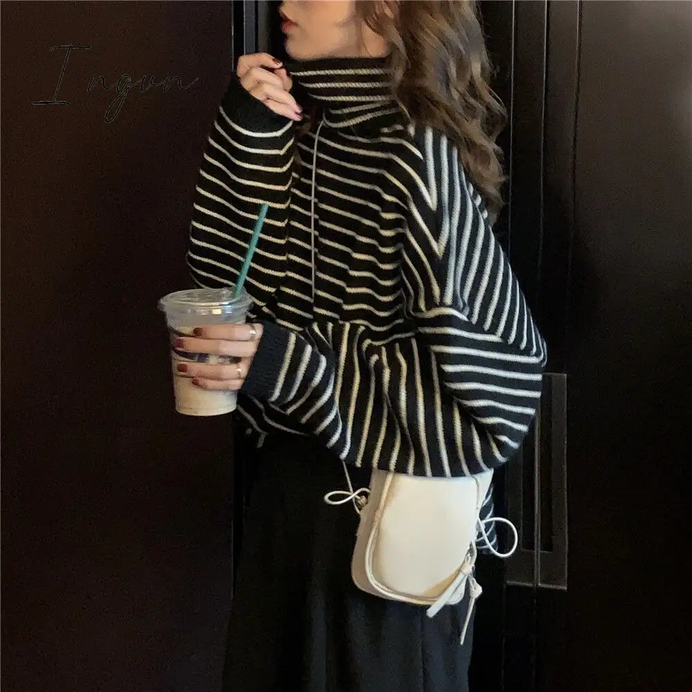Ingvn - Vintage Striped Loose Turtleneck Knitted Sweater
