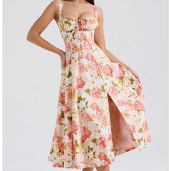 Elegant Women Sexy Front Slit Floral Print Sling Midi Dress Lace Up Bandage Back Female Summer Dresses Holiday Robe