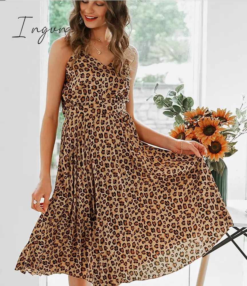 Ingvn - Sexy Women Summer Sexy Dress Spaghetti Strap Dress V-Neck Pink Female Pleated Midi Dress Casual Office Ladies Party Dresses