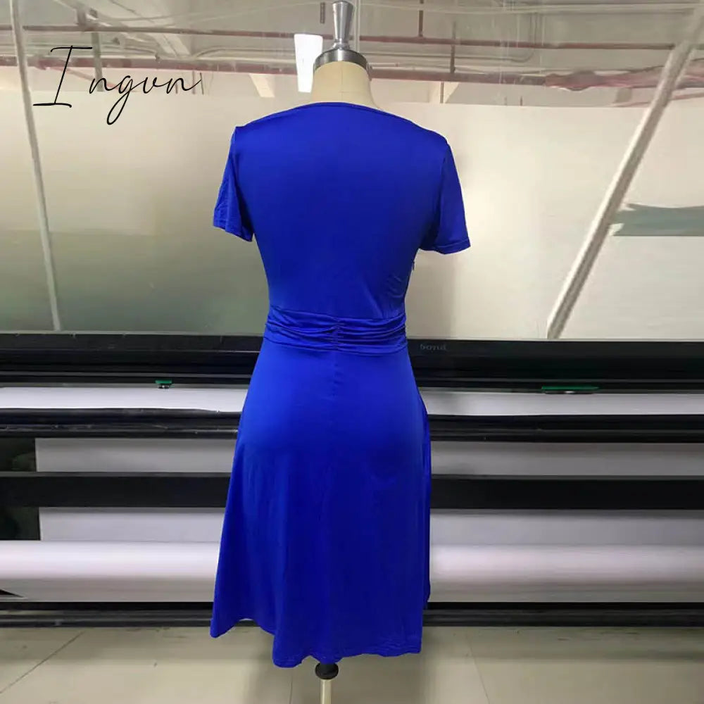 Ingvn - 2023 New Trends Retro Women High Waist Irregular Midi Dresses Summer Fashion V-neck Short Sleeve A-line Party Dress Elegant Office Lady Vestidos