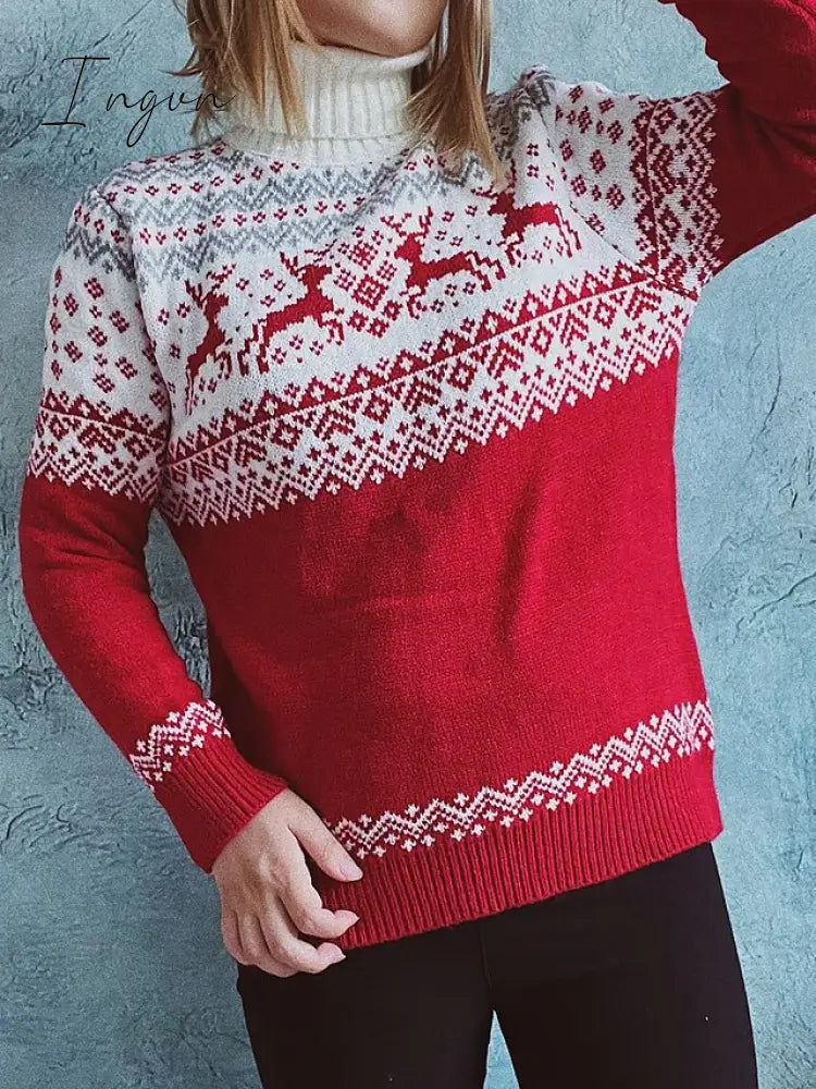 Ingvn - Women's Ugly Christmas Sweater Pullover Sweater Jumper Jumper Ribbed Knit Patchwork Geometric Turtleneck Stylish Casual Christmas Daily Fall Winter Red S M L