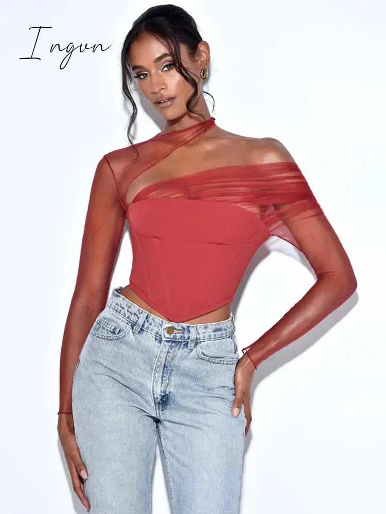 Ingvn - Sheer Mesh Sleeve Sexy Crop Top Women Fashion With Zipper Strapless Backless Corset Tops Female Club Party Short Tops