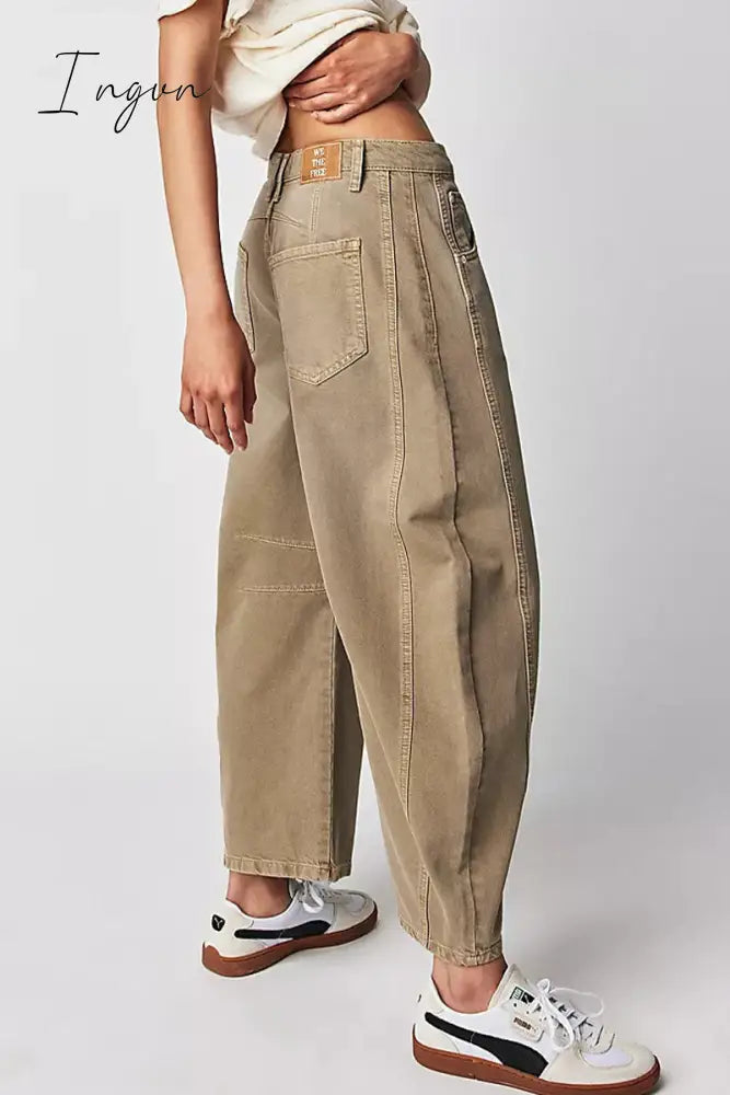 Ingvn- Casual Vintage Solid Pocket Without Belt Mid Waist Loose Denim Jeans(No Belt)