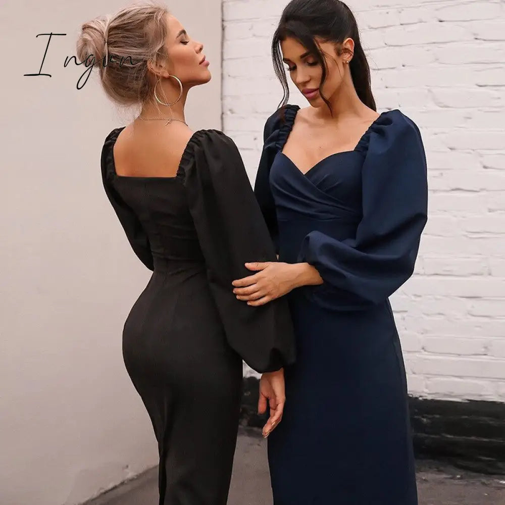 Ingvn - Midi Night Dress Women Long Puff Sleeve A-LINE Ruffled Backless Bodycon Sexy Dress Autumn Winter Elegant Office Lady Prom