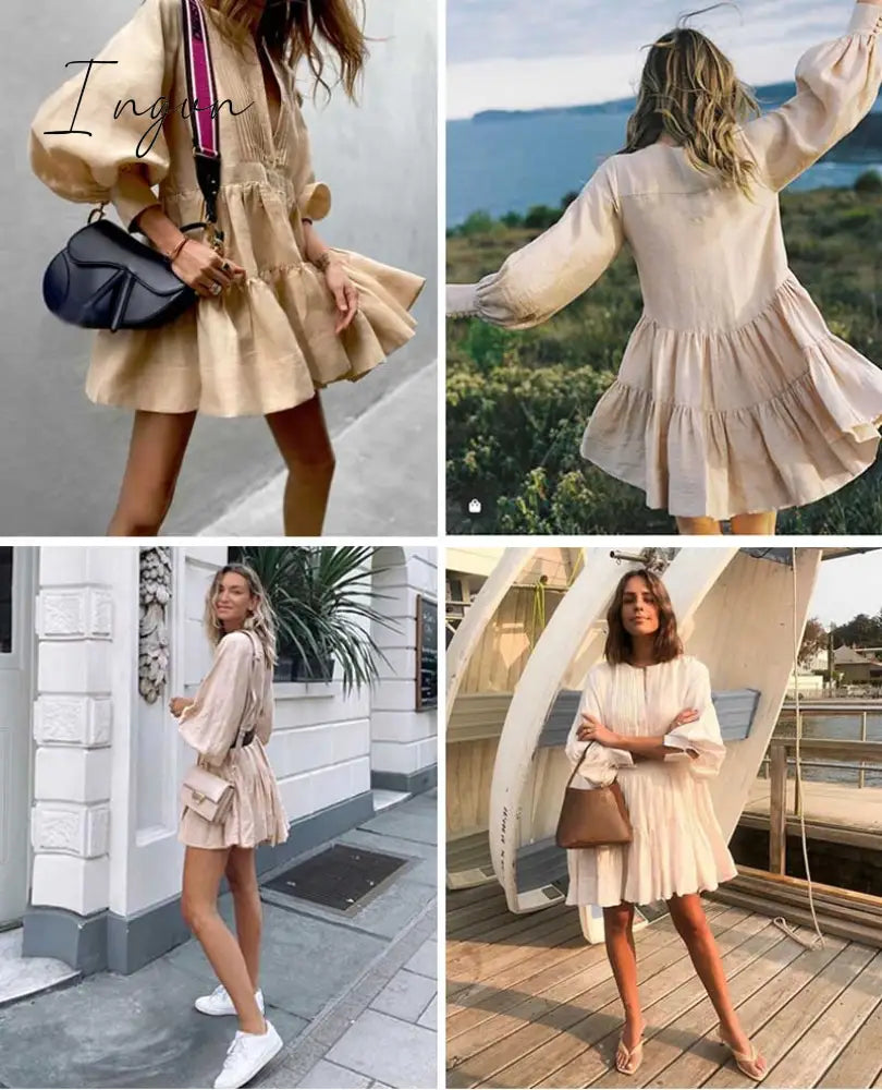 Ingvn - pleating women dress long sleeve spring autumn dress fashion ladies dress pockets mini sexy dress women