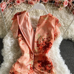 Ingvn - Vintage V-Neck Printed Chiffon Drawstring Mermaid Midi Dress Women Elegant High Waist Ruffle Vestidos Fashion Spring Summer