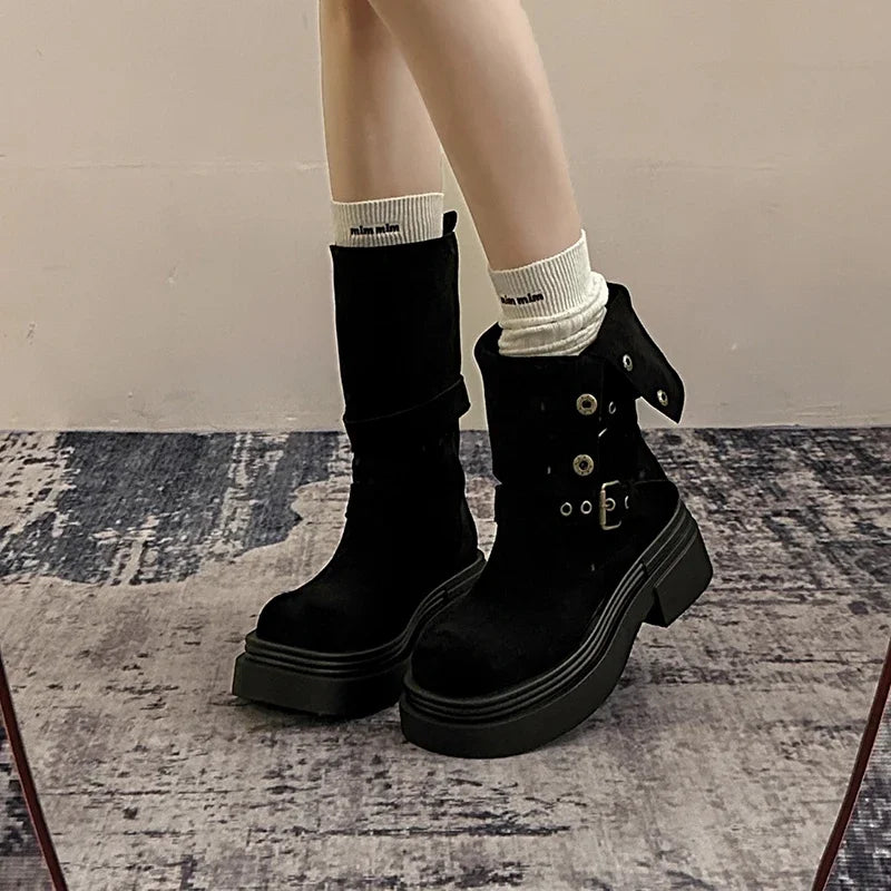 Ingvn  Vintage Spring Autumn Women Motorcycle Boots Fashion Belt Buckle Mid Calf Booties Platform Thick Heel Casual Ladies Shoes