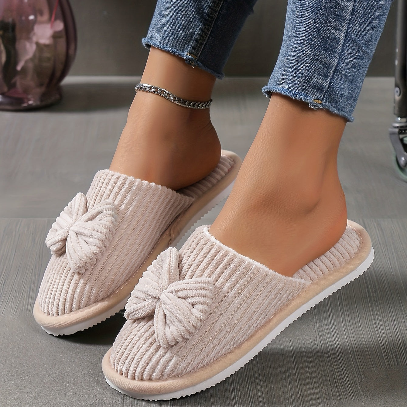Adorable Bowknot Winter Slippers-Plush & Cozy-Soft Indoor Home Footwear-Warmth & Comfort