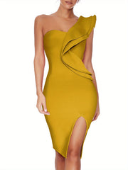 One Shoulder Ruffle Dress Side Split Bodycon Bandage Dress Wedding Guest Dress