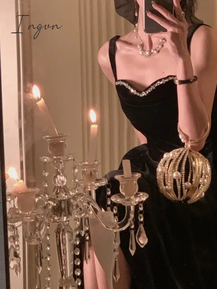Ingvn - Summer New Elegant Spaghetti Strap Velvet Vintage Black Dress Women Sexy Prom Evening Party Fashion Clothing