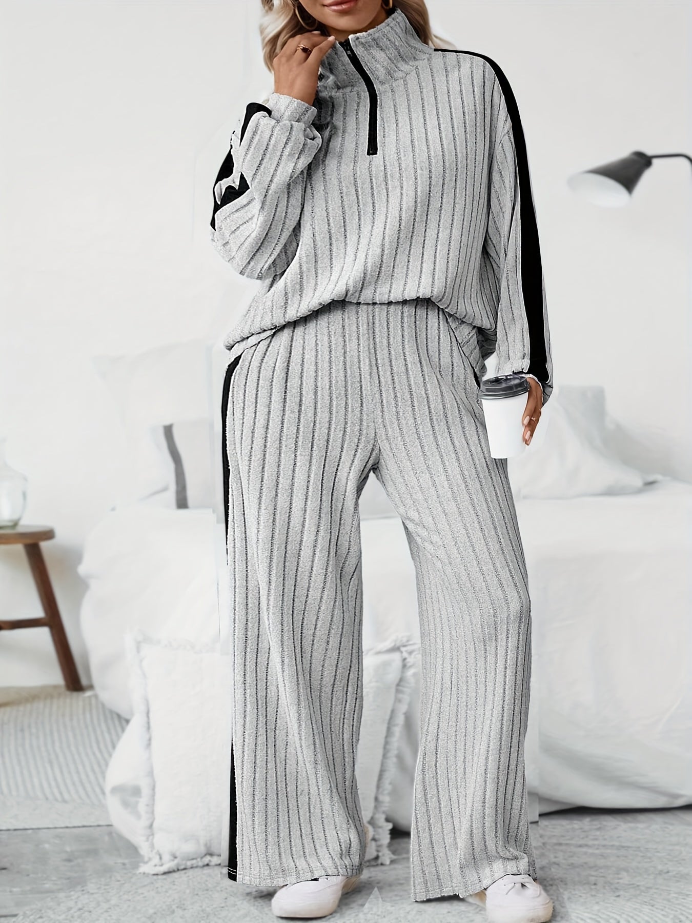 Stylish Plus Size Co-ords - Ribbed Half Zip Long Sleeve Sweatshirt and Wide Leg Pants Outfits for Women - Casual, Comfortable, and Chic Clothing Set for Curvy Figures