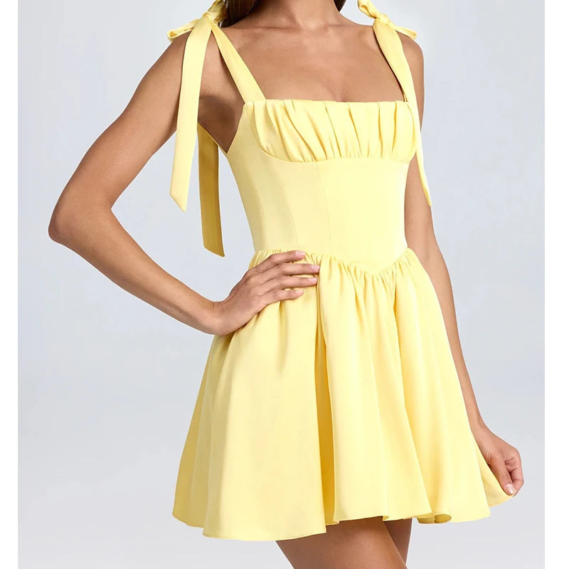 4 Color Sexy Spaghetti Straps Mini Dress Women Low Waist A-line Holiday Summer Party Dresses French Style Lace Up Robe