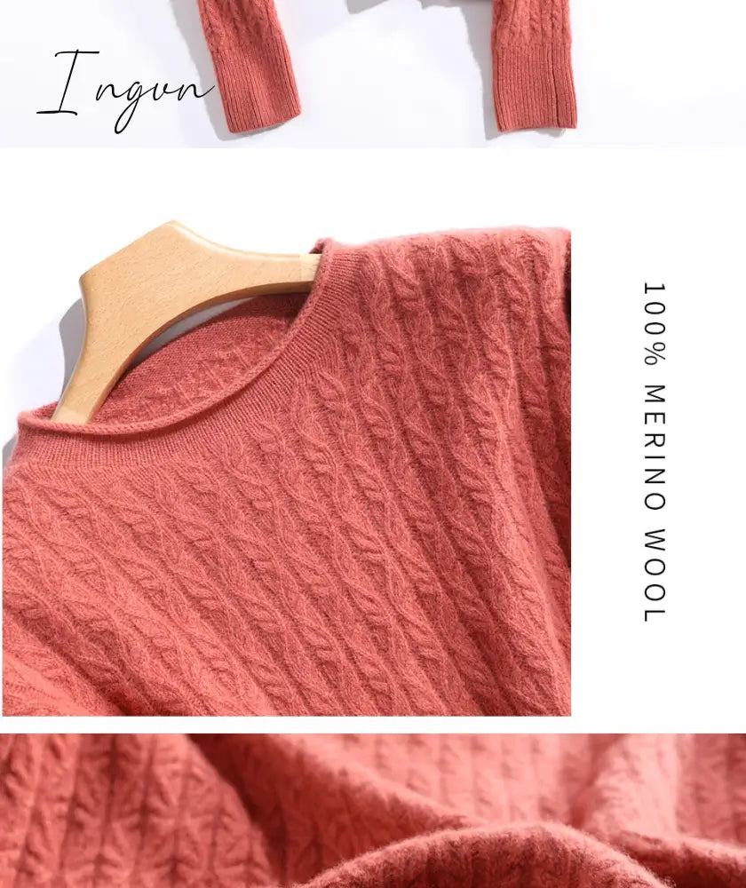 Ingvn - 100% Merino Wool Cashmere Sweater Women Winter Warm O-Neck Long Sleeve Ladies Pullover knitted Autumn Jumper Vintage Sweater