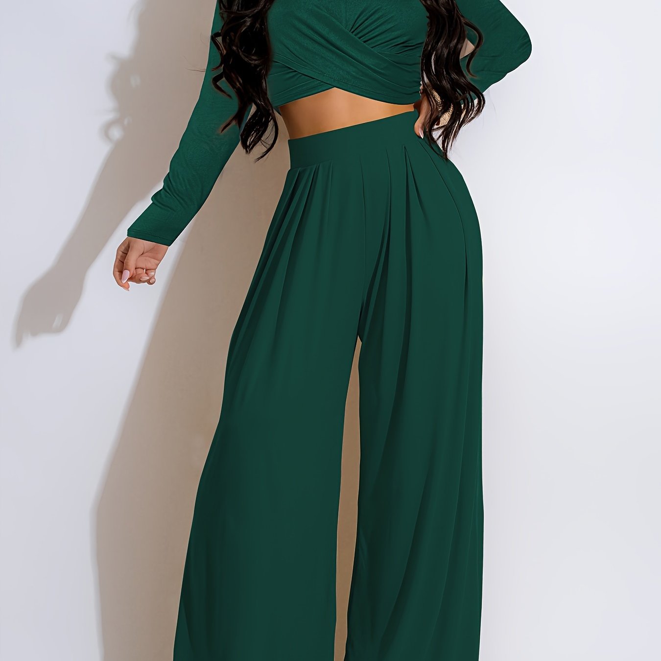 Chic Solid Twist Front Crop Top & Wide Leg Pants Set - Effortlessly Stylish Two-piece Outfit for Women - Casual Everyday Wear