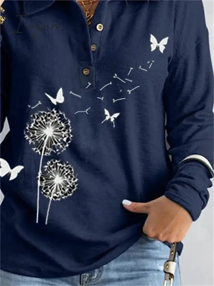 Ingvn - Women's Sweatshirt Pullover Basic Button Navy Blue Butterfly Dandelion Casual V Neck Long Sleeve Top Micro-elastic Spring &  Fall