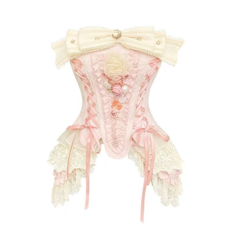 French Elegant Corset Suit Women Bow Tie Sexy Lace Tube Top White Shorts Two Piece Casual Fashion Summer Female Two Piece Set