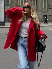 Ingvn  Women's Red Suit Temperament Shoulder Pads Loose Coat Collar Pocket Casual Cardigan Fashion Office Ladies Suit Jacket