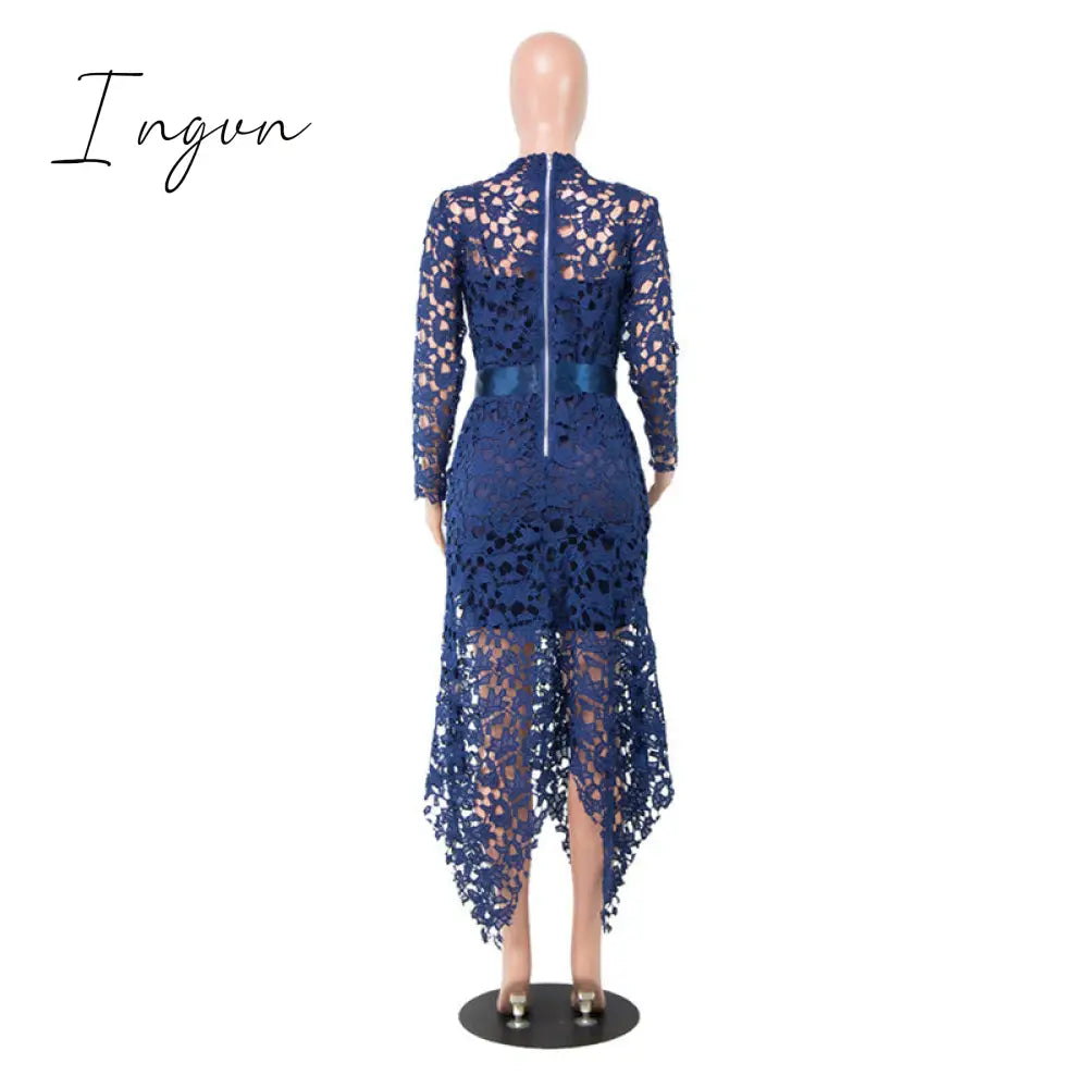 Ingvn - Slim Sexy Dress Women Spaghetti Straps Lace Mesh Perspective Party Fishtail Patchwork Midi Bodycon Plus Size Vestidos