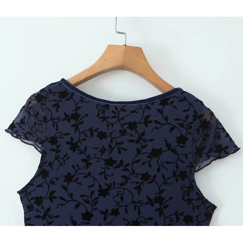 New Women Navy Blue Floral Print Mesh A-line Midi Dress High Waist V Neck Short Sleeve Summer Dresses Vintage  Robe